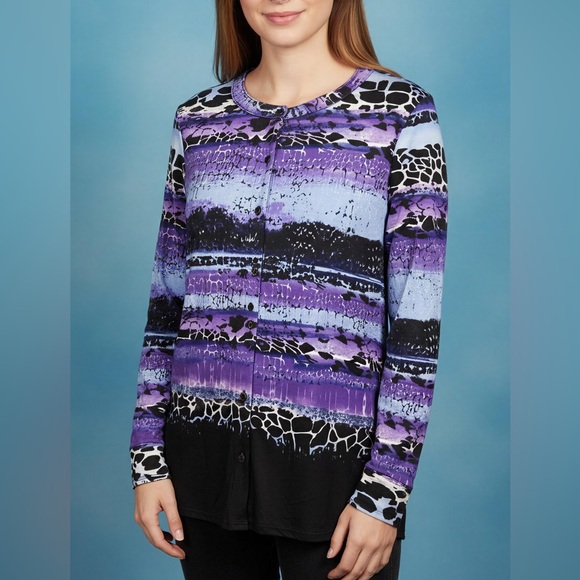 Dana Buchman Tops - Dana Buchman Purple Animal Print Cool Long sleeve Button Soft Blouse S